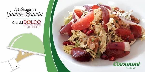 Receta 6. Ensalada de escarola con granada, jamón de pato y nueces